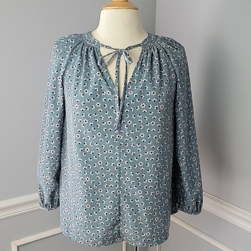 BODEN Floral Print Ruched Crewneck Tie Keyhole Boho Preppy Office Casual Top 6P